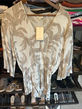 Neutral Leaf-Print Wrap Romper by elan